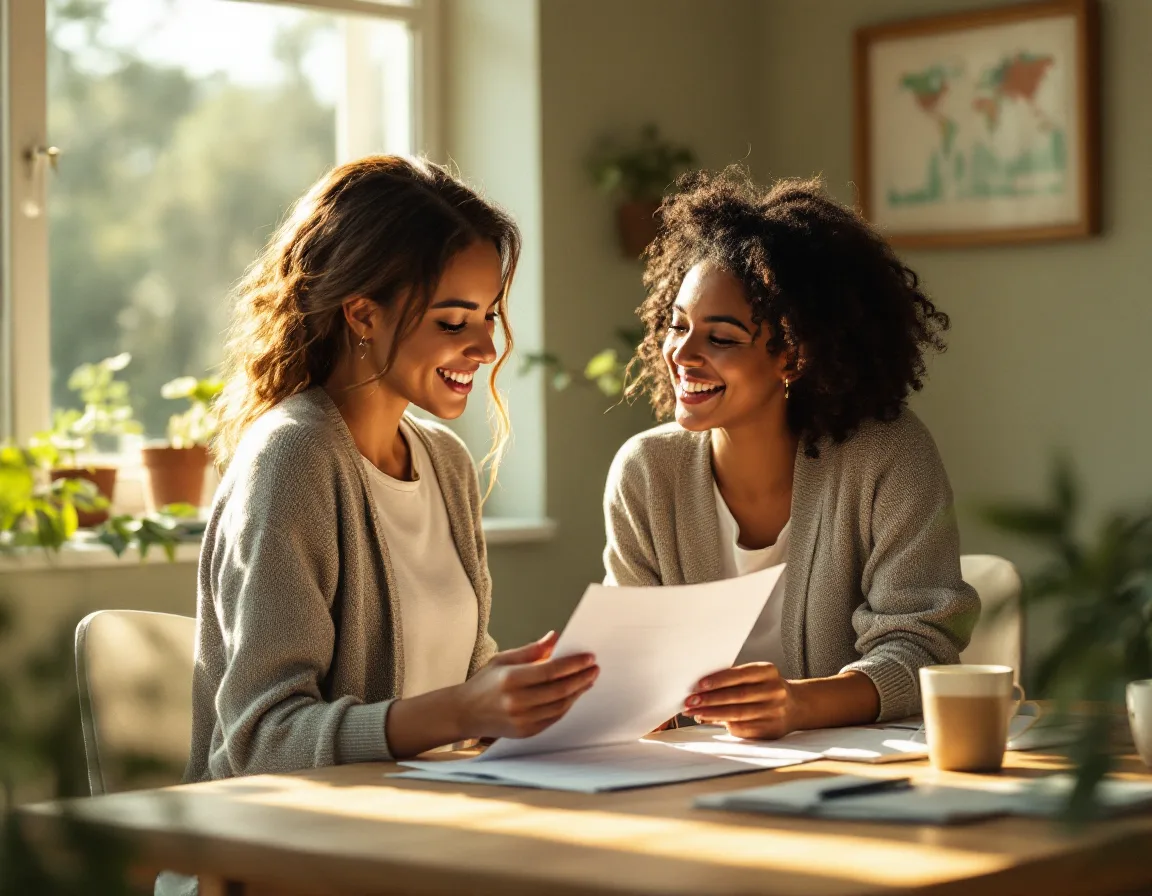 Two bookkeepers reviewing a report together at a warm wooden desk