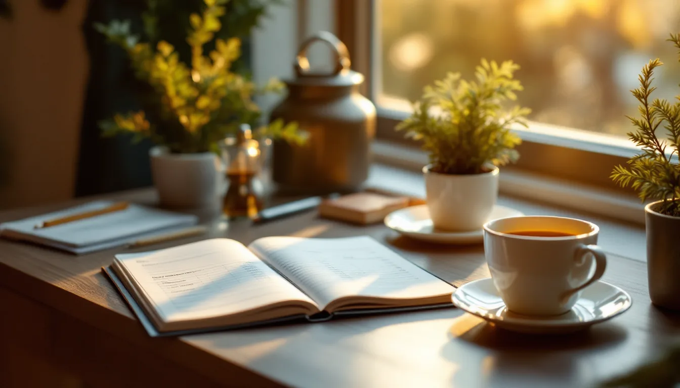 A calm bookkeeping desk in warm golden-hour light